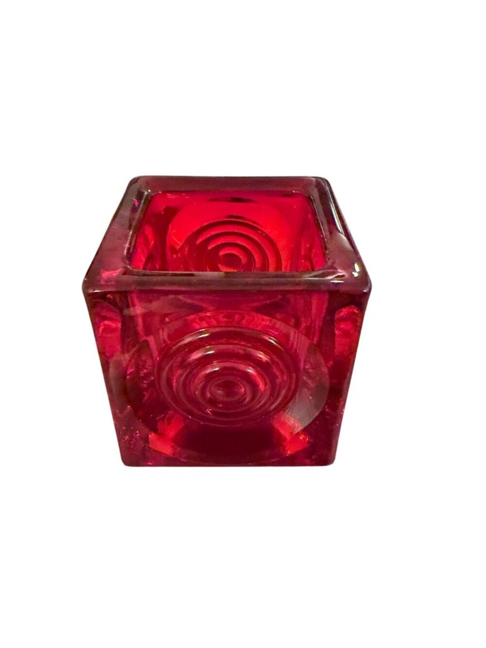 Viking MCM Art Glass 3.5 inch "Bullseye" Glimmer Cube Red Candle Holder Vintage